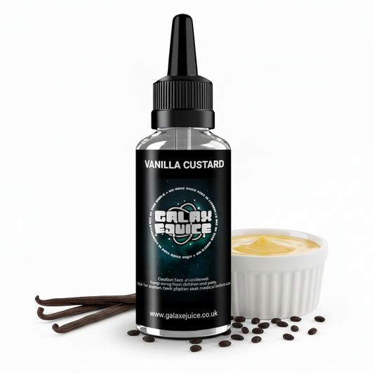 Bottle of Galax-E-Juice Vanilla Custard E-Liquid 100ml Shortfill with smooth creamy vanilla custard on a white background