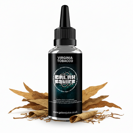 Bottle of Galax-E-Juice Virginia Tobacco E-Liquid 100ml Shortfill with premium Virginia tobacco leaves on a white background