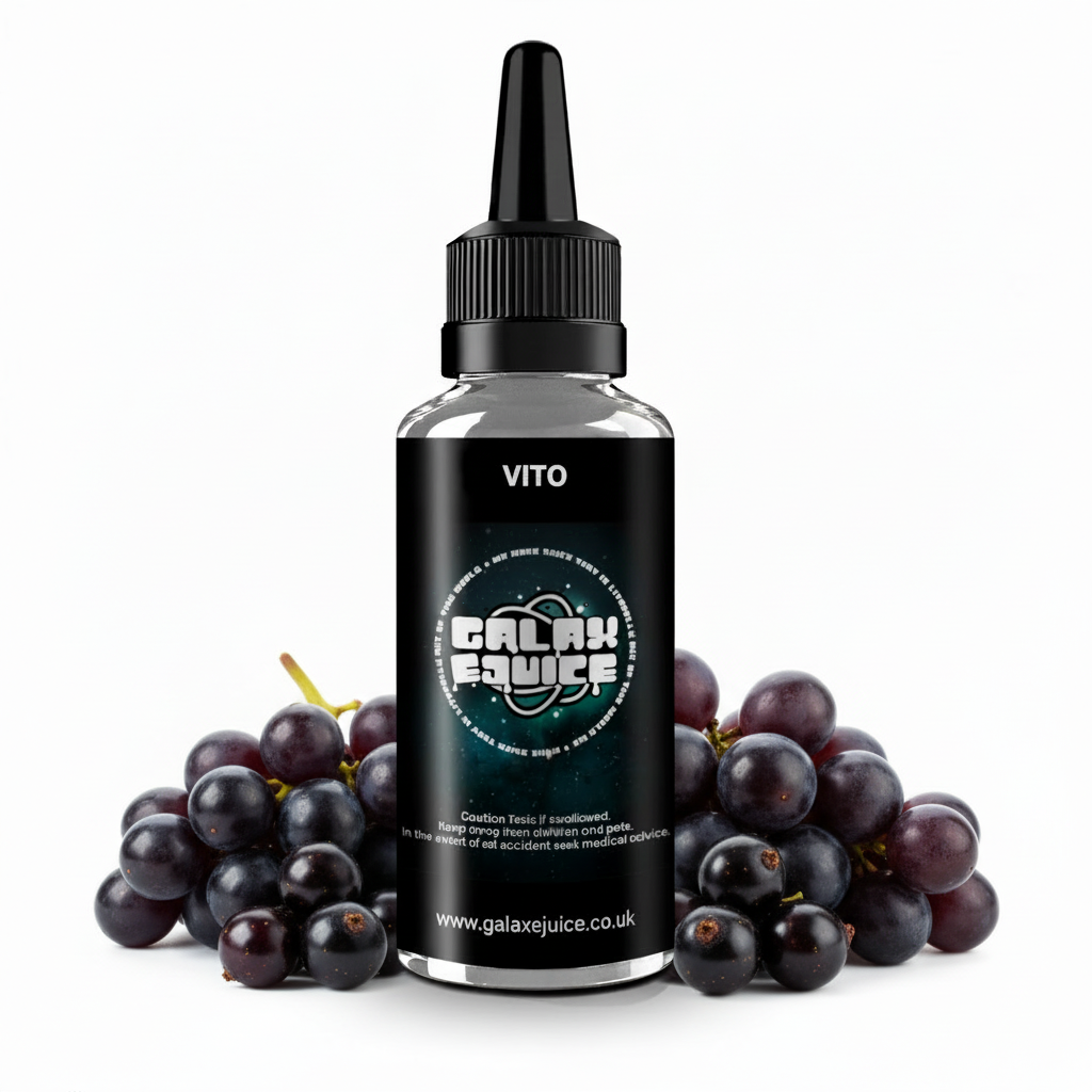 Bottle of Galax-E-Juice Vito E-Liquid 100ml Shortfill with mixed berries and herbs on a white background