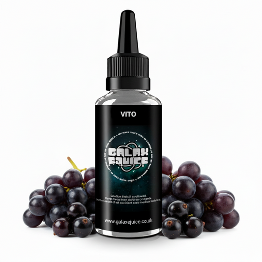 Bottle of Galax-E-Juice Vito E-Liquid 100ml Shortfill with mixed berries and herbs on a white background