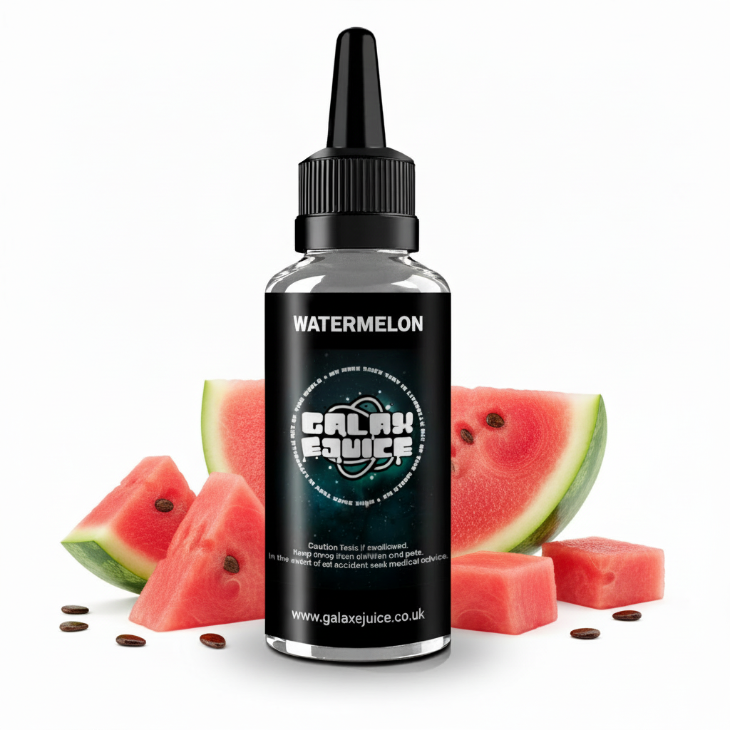 Bottle of Galax-E-Juice Watermelon E-Liquid 100ml Shortfill with fresh juicy watermelon slices on a white background