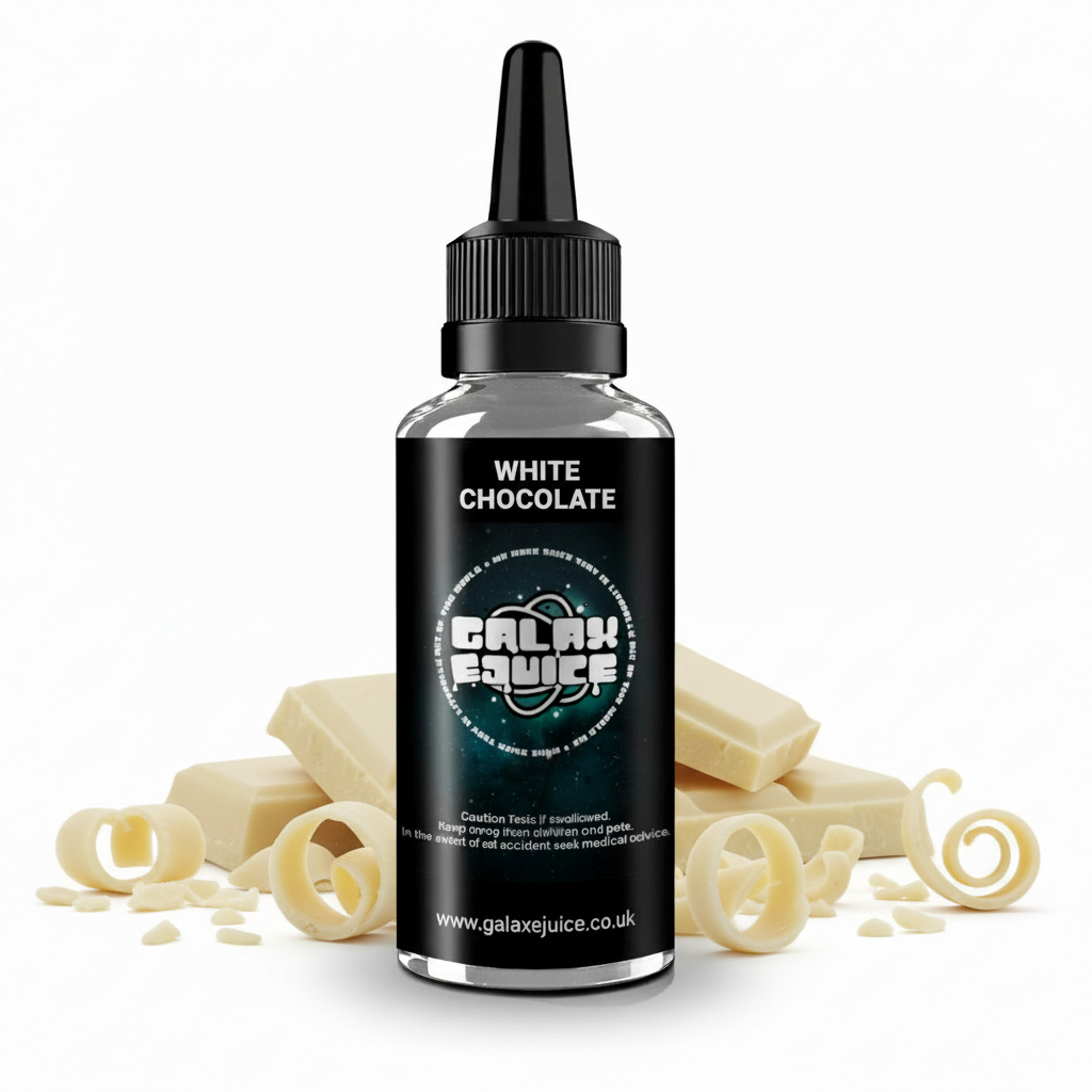 Bottle of Galax-E-Juice White Chocolate E-Liquid 100ml Shortfill with creamy white chocolate pieces on a white background