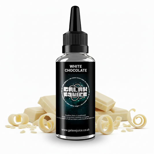 Bottle of Galax-E-Juice White Chocolate E-Liquid 100ml Shortfill with creamy white chocolate pieces on a white background