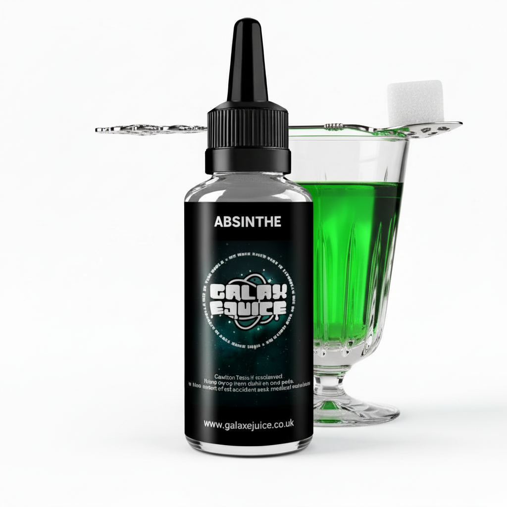 Bottle of Galax-E-Juice Absinthe E-Liquid 100ml Shortfill with anise and herbs on a white background