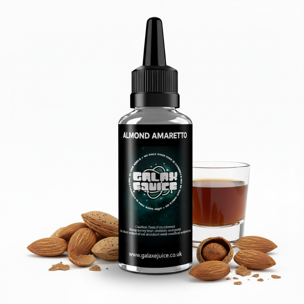 Bottle of Galax-E-Juice Almond Amaretto E-Liquid 100ml Shortfill with almonds and amaretto on a white background