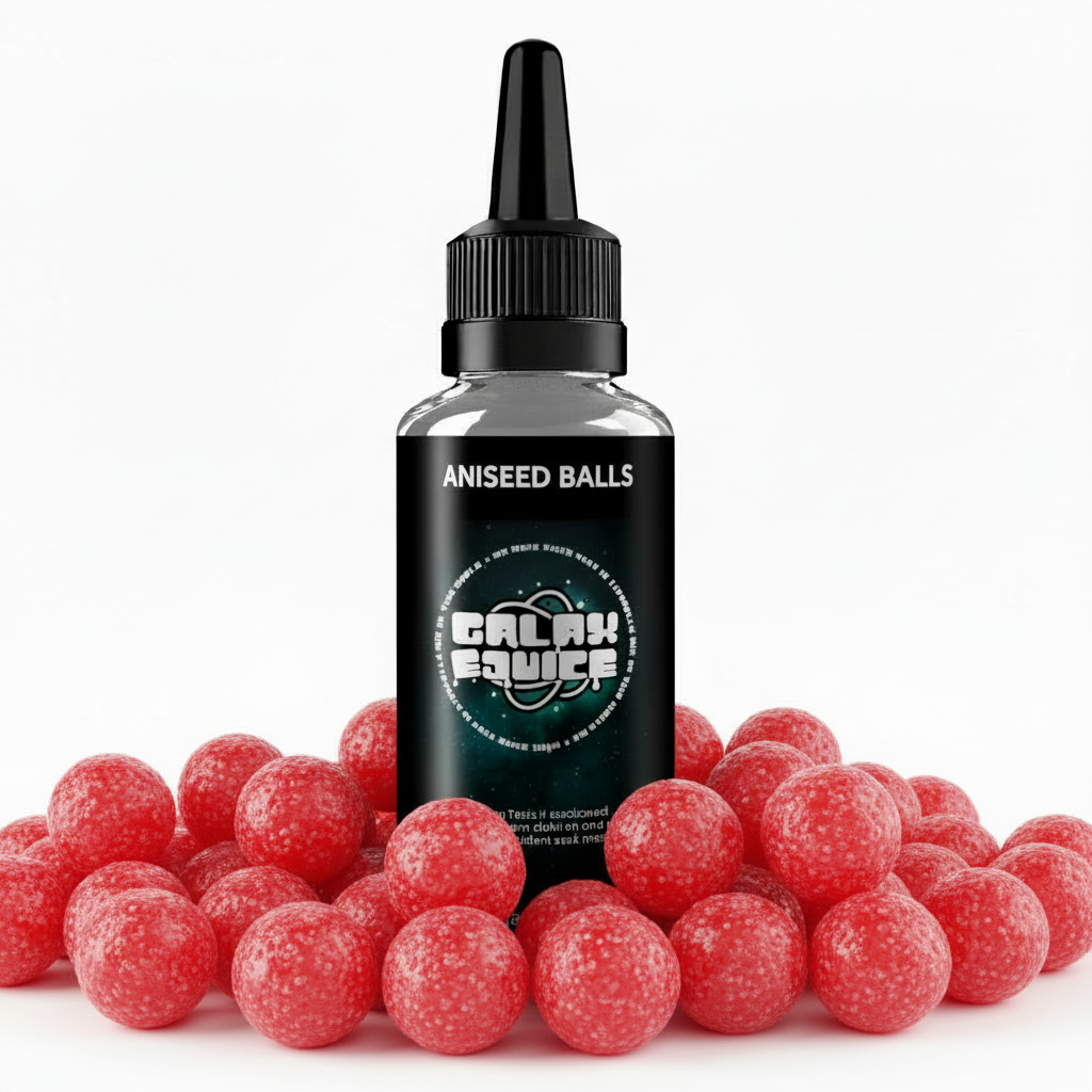 Bottle of Galax-E-Juice Aniseed Balls E-Liquid 100ml Shortfill with aniseed ball sweets on a white background