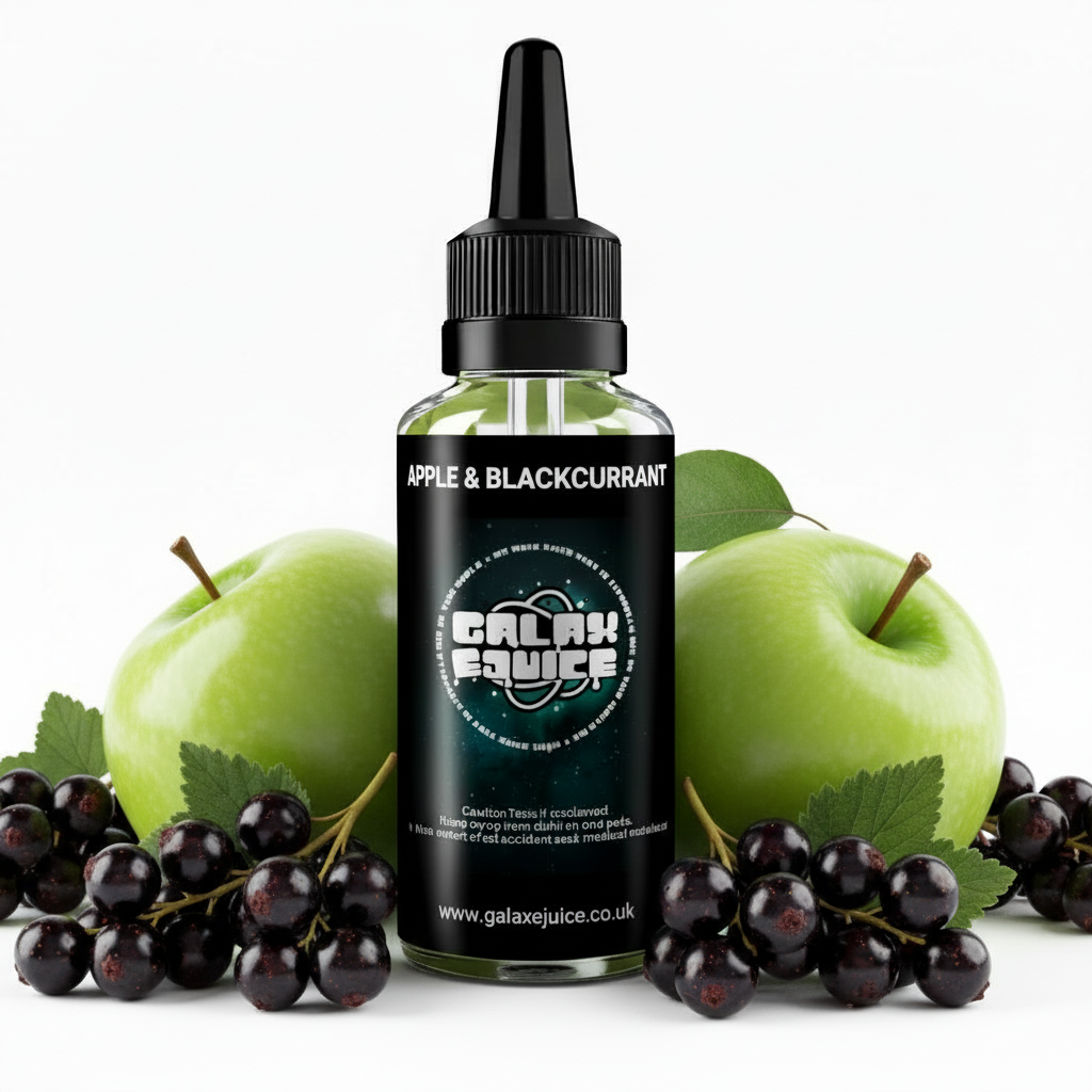 Bottle of Galax-E-Juice Apple & Blackcurrant E-Liquid 100ml Shortfill with apples and blackcurrants on a white background