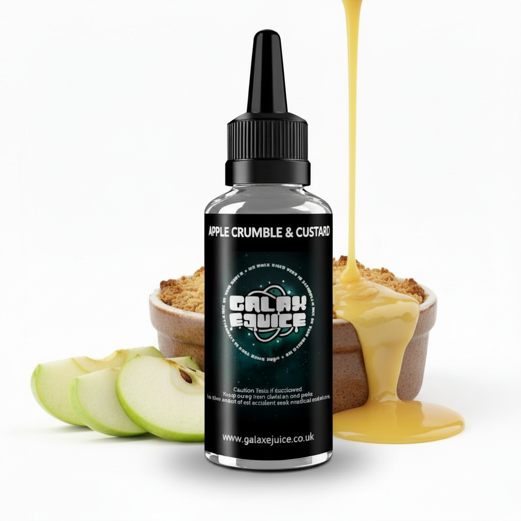 Bottle of Galax-E-Juice Apple Crumble & Custard E-Liquid 100ml Shortfill with apple crumble and custard on a white background