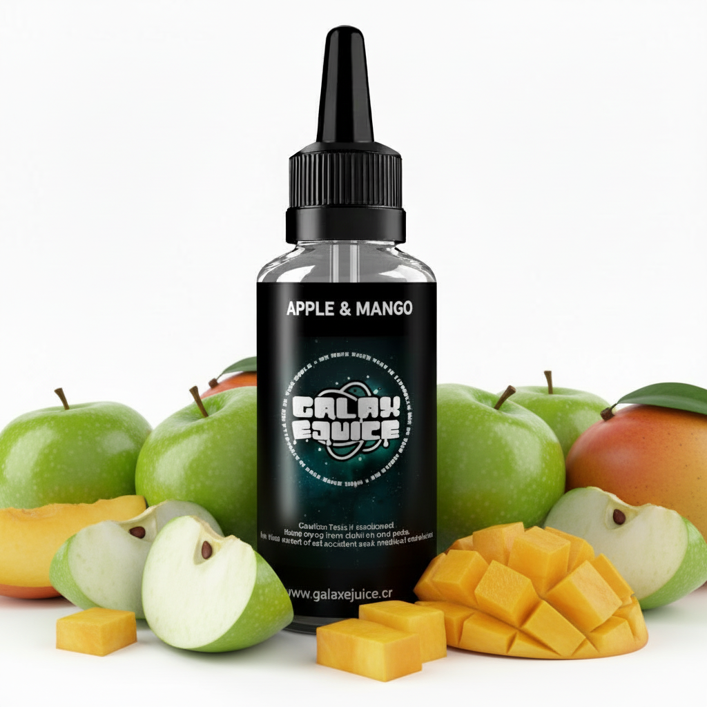 Bottle of Galax-E-Juice Apple & Mango E-Liquid 100ml Shortfill with apples and mango on a white background