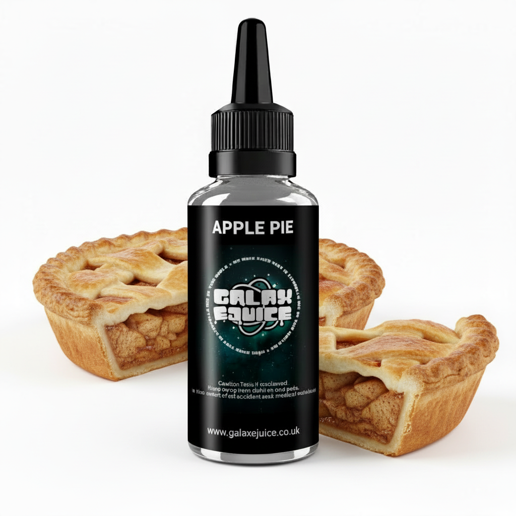 Bottle of Galax-E-Juice Apple Pie E-Liquid 100ml Shortfill with apple pie on a white background