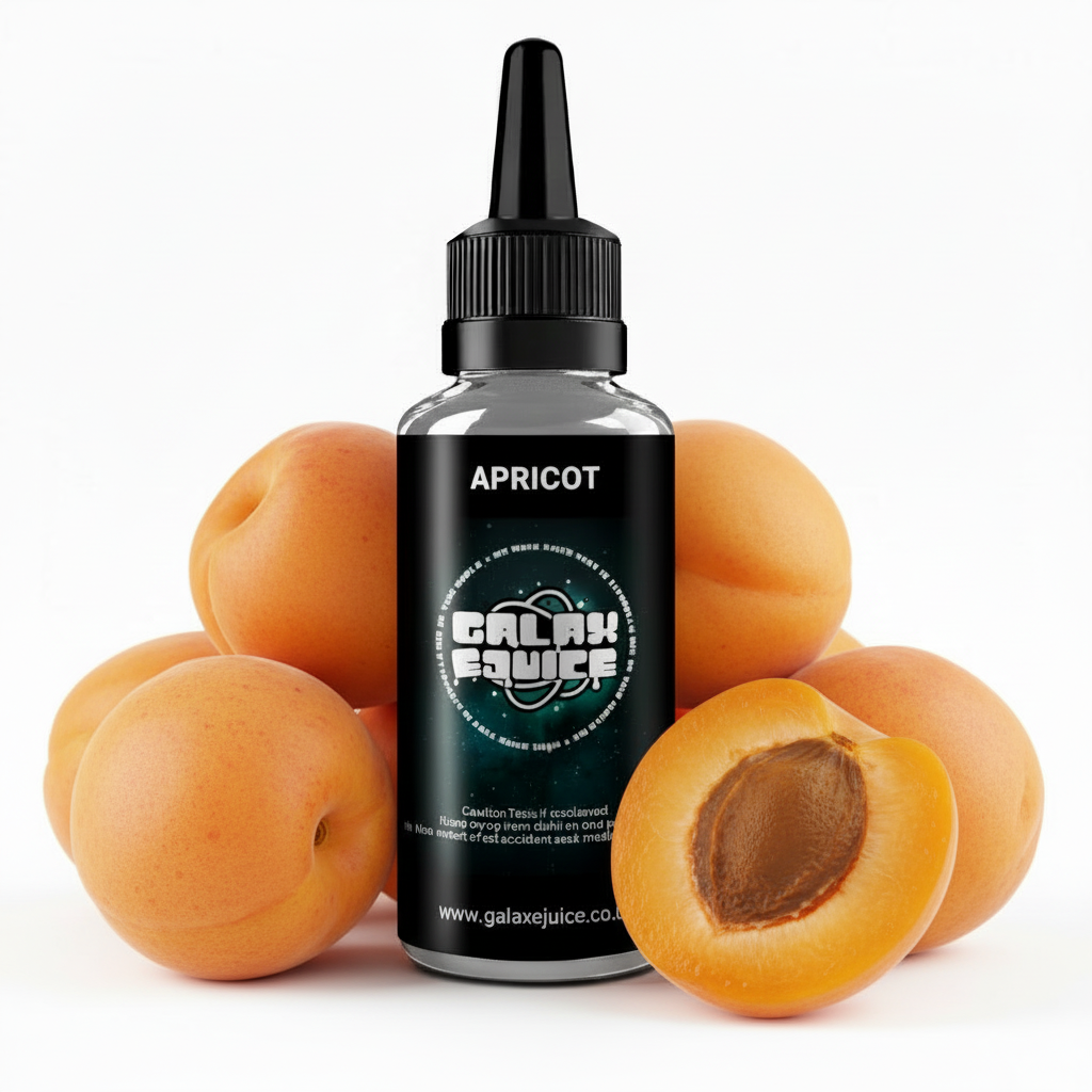 Bottle of Galax-E-Juice Apricot E-Liquid 100ml Shortfill with fresh apricots on a white background