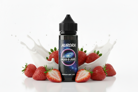 Aurora Galax-E-Juice bottle with strawberries, cream and milk