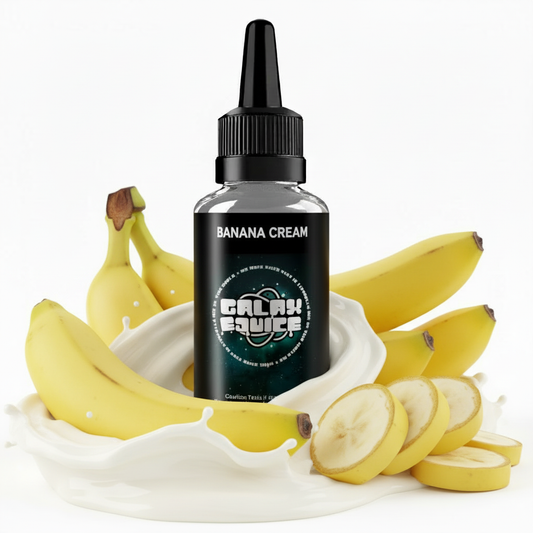 Bottle of Galax-E-Juice Banana Cream E-Liquid 100ml Shortfill with bananas and cream on a white background