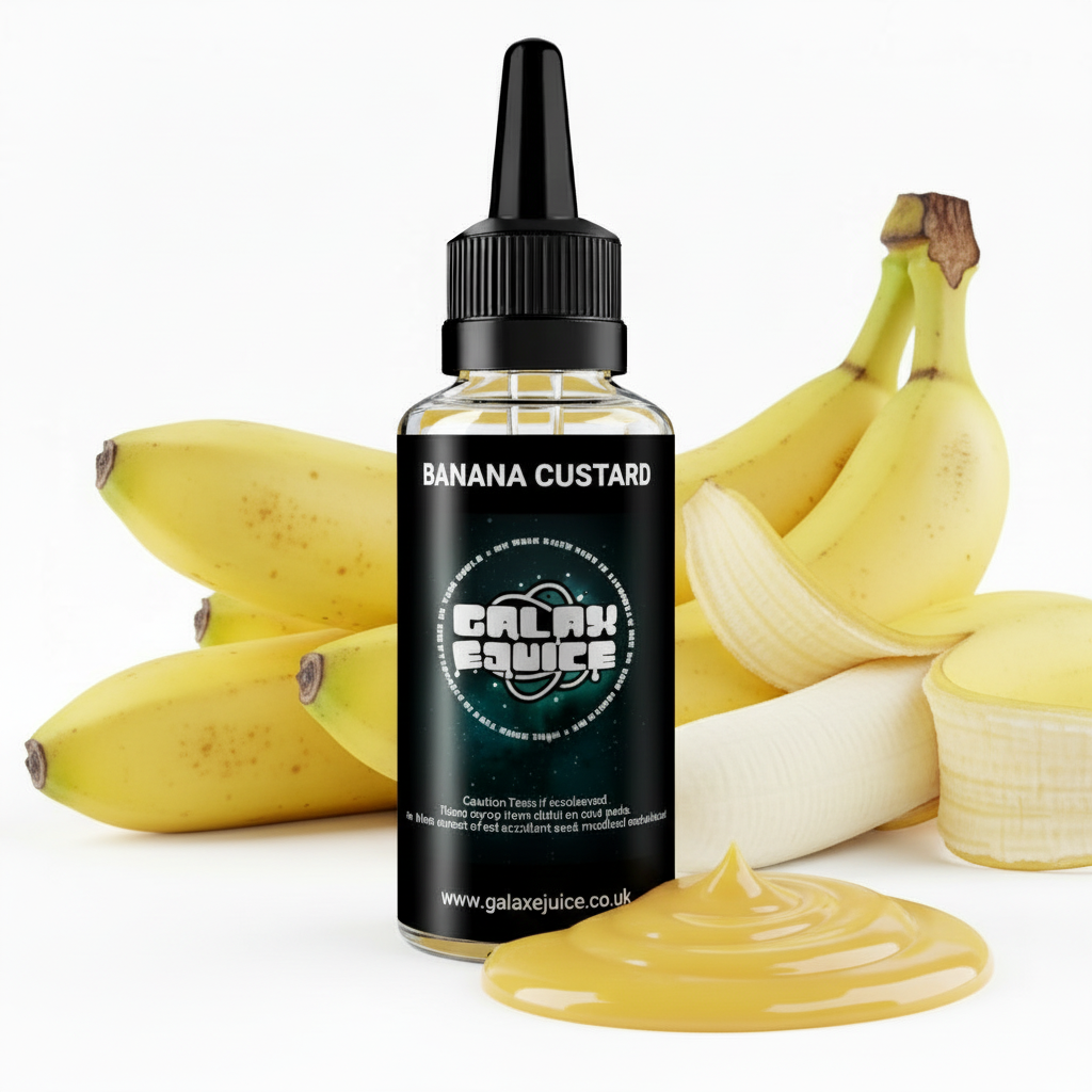 Bottle of Galax-E-Juice Banana Custard E-Liquid 100ml Shortfill with bananas and custard on a white background