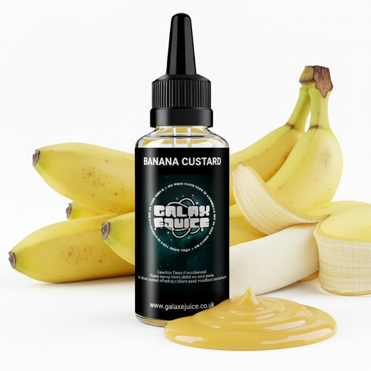 Bottle of Galax-E-Juice Banana Custard E-Liquid 100ml Shortfill with bananas and custard on a white background
