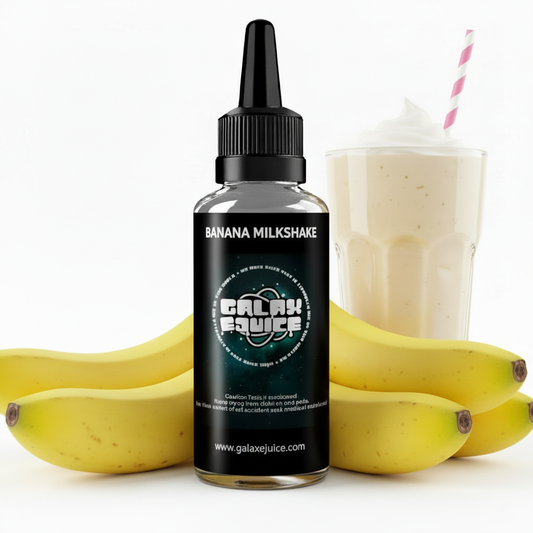 Bottle of Galax-E-Juice Banana Milkshake E-Liquid 100ml Shortfill with bananas and a milkshake on a white background