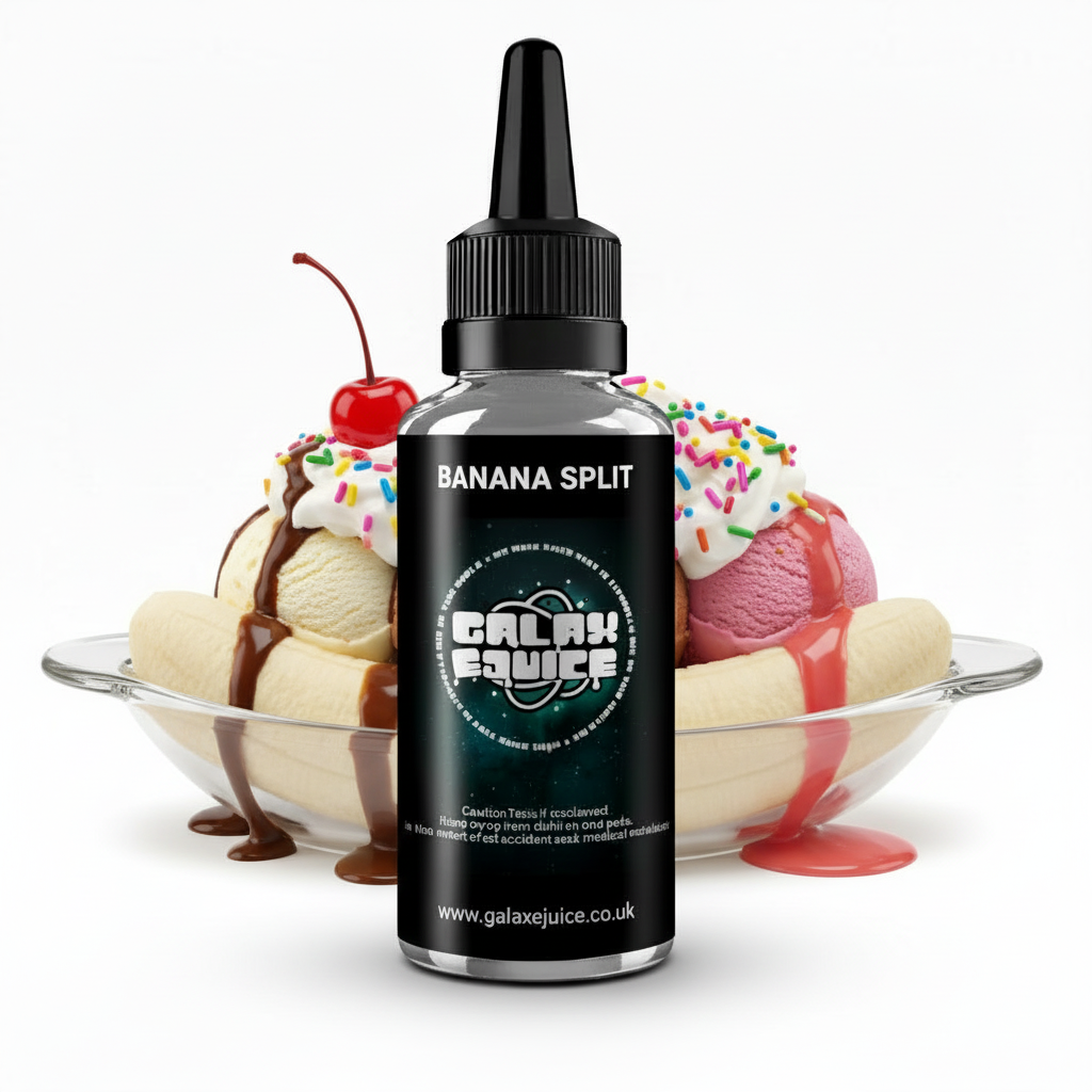 Bottle of Galax-E-Juice Banana Split E-Liquid 100ml Shortfill with bananas and ice cream on a white background