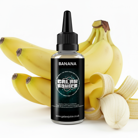 Bottle of Galax-E-Juice Banana E-Liquid 100ml Shortfill with fresh bananas on a white background