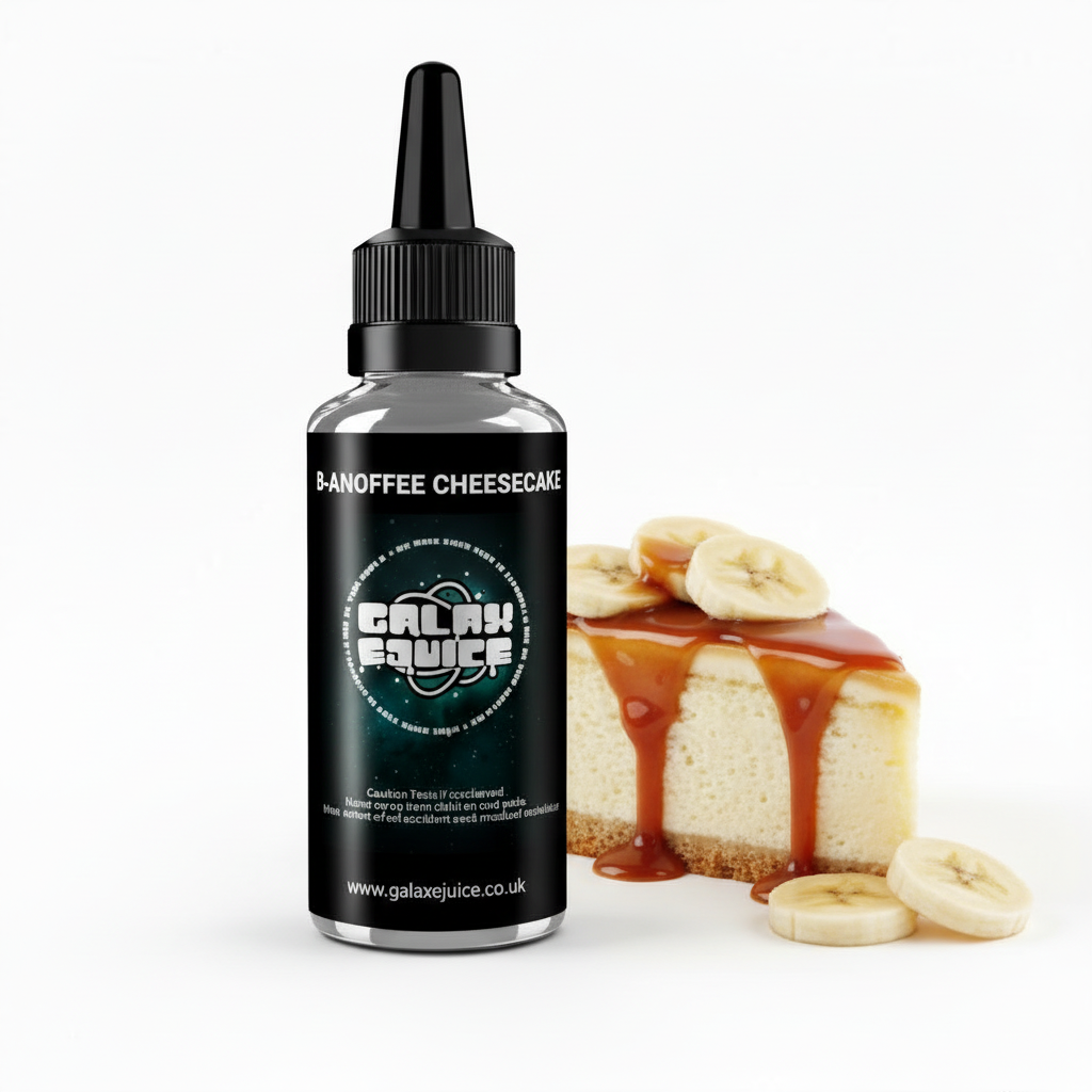 Bottle of Galax-E-Juice Banoffee Cheesecake E-Liquid 100ml Shortfill with bananas and cheesecake on a white background
