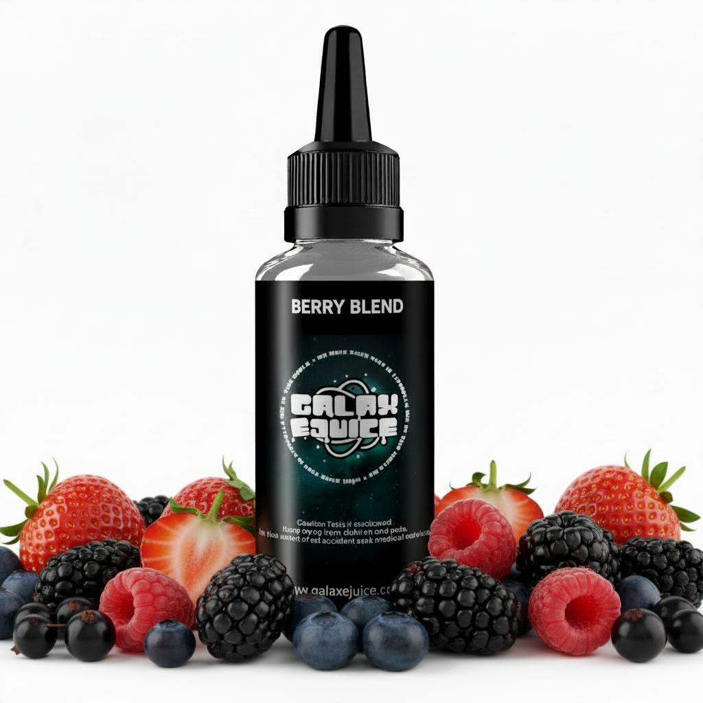 Bottle of Galax-E-Juice Berry Blend E-Liquid 100ml Shortfill with mixed berries on a white background
