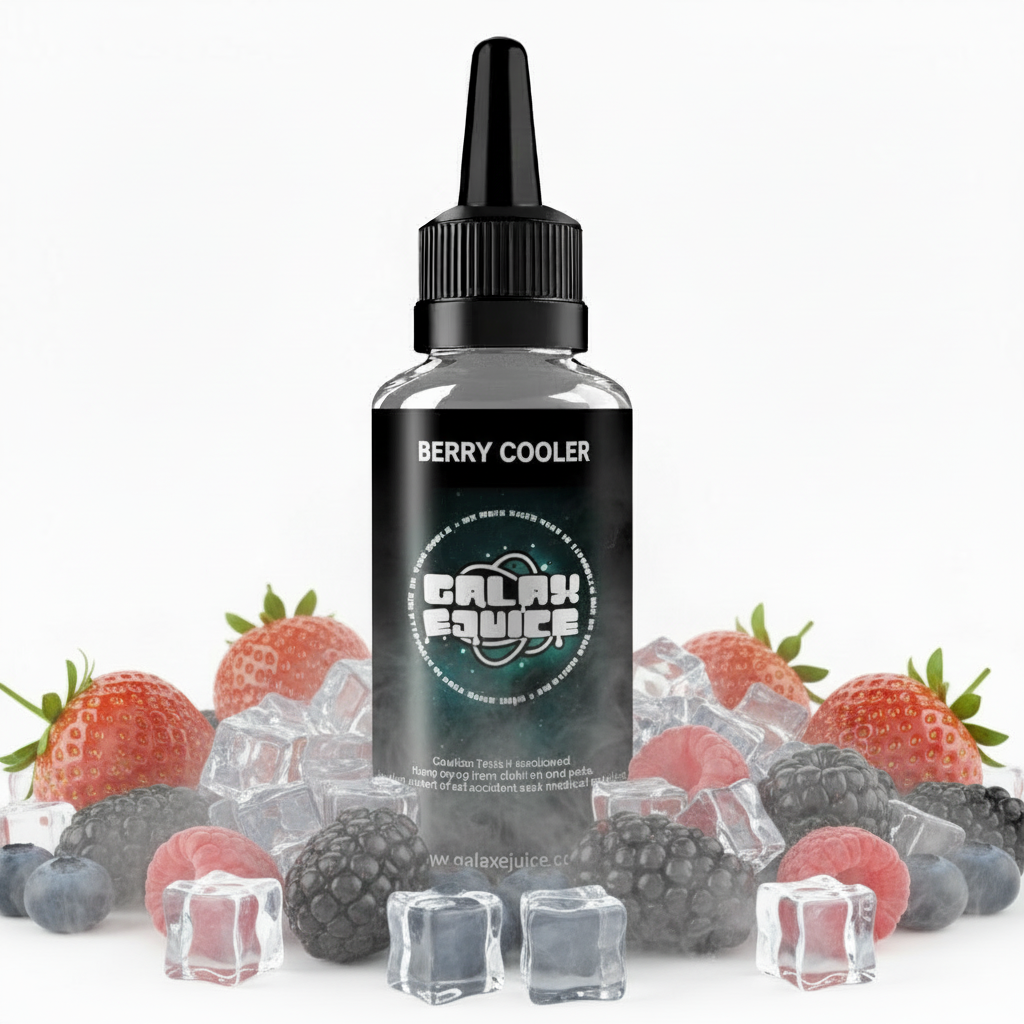 Bottle of Galax-E-Juice Berry Cooler E-Liquid 100ml Shortfill with mixed berries on a white background