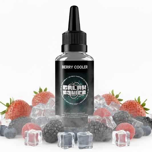 Bottle of Galax-E-Juice Berry Cooler E-Liquid 100ml Shortfill with mixed berries on a white background