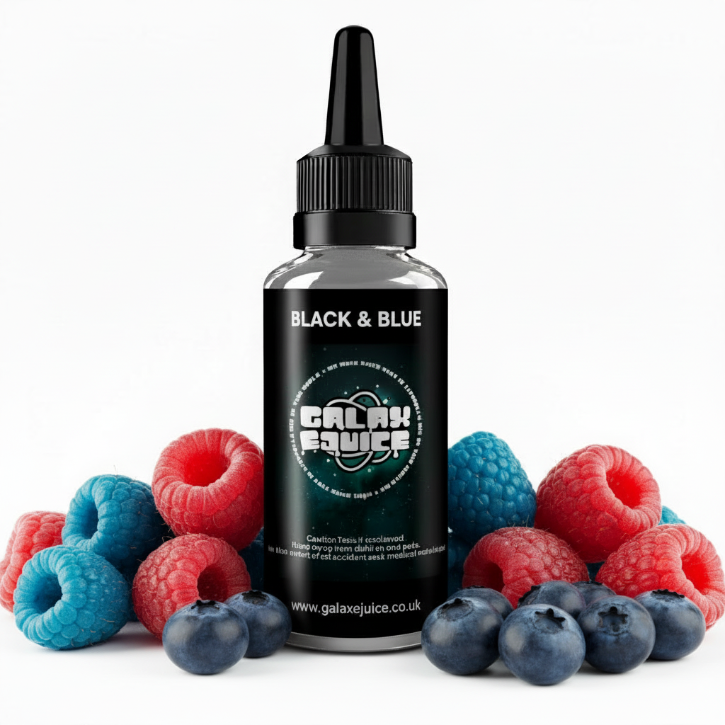 Bottle of Galax-E-Juice Black 'n' Blue E-Liquid 100ml Shortfill with blackberries and blueberries on a white background