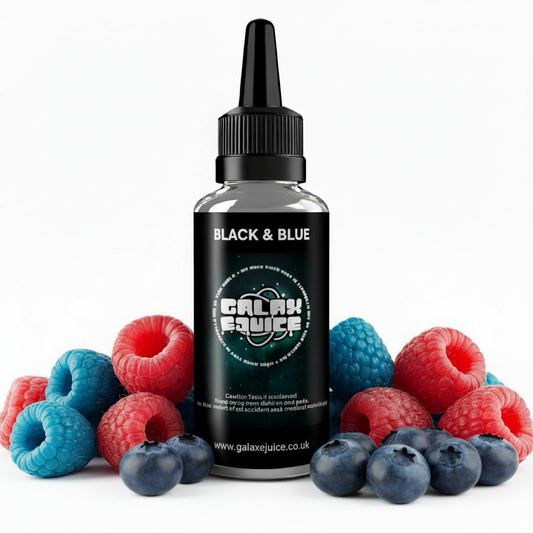 Bottle of Galax-E-Juice Black 'n' Blue E-Liquid 100ml Shortfill with blackberries and blueberries on a white background