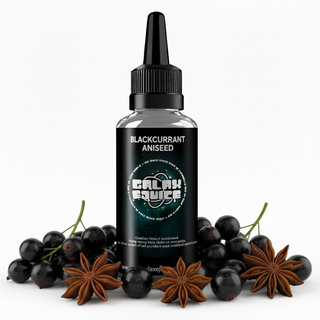 Bottle of Galax-E-Juice Blackcurrant & Aniseed E-Liquid 100ml Shortfill with blackcurrants and aniseed on a white background