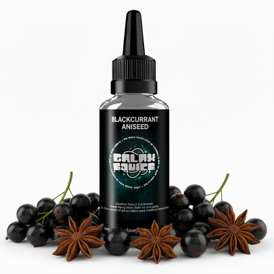 Bottle of Galax-E-Juice Blackcurrant & Aniseed E-Liquid 100ml Shortfill with blackcurrants and aniseed on a white background