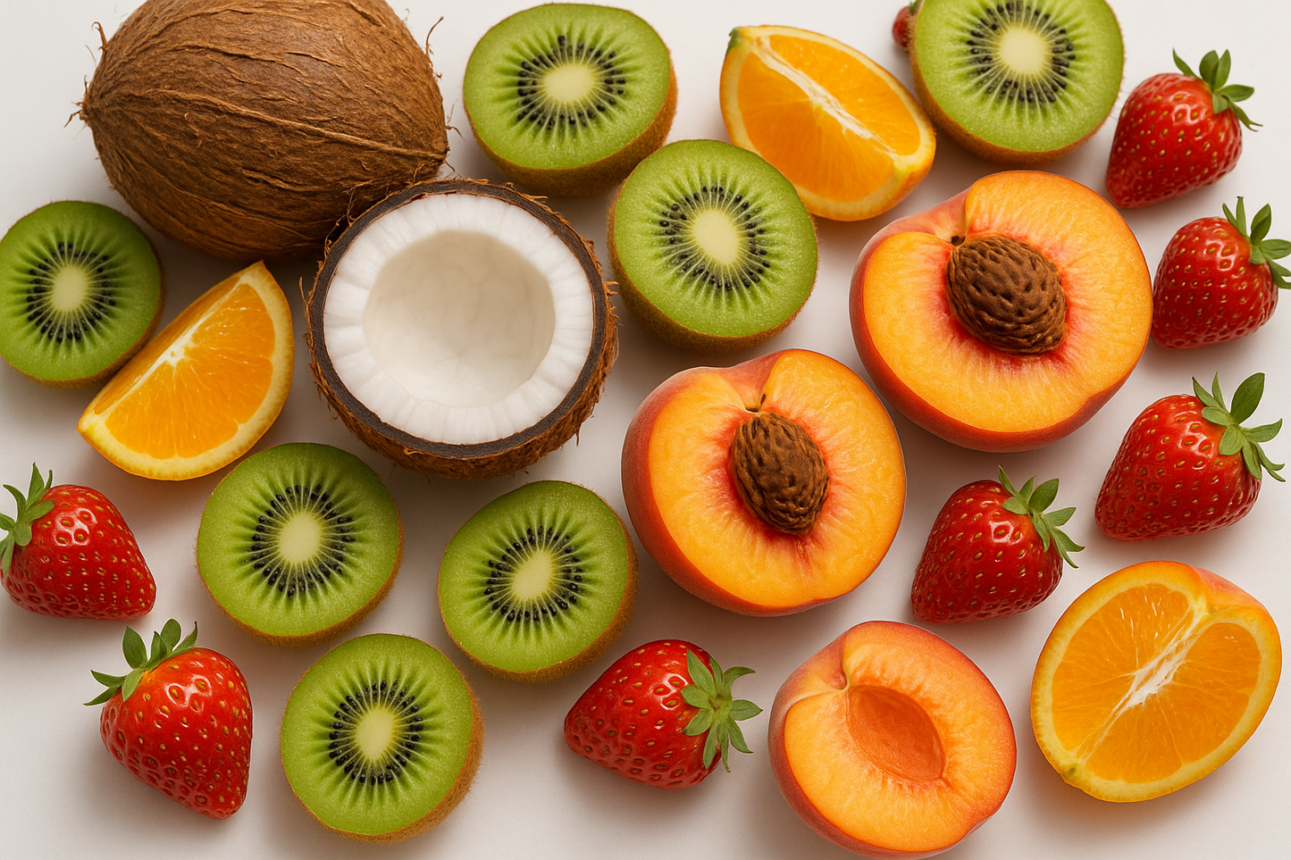 coconut, kiwi, orange, peach and strawberry