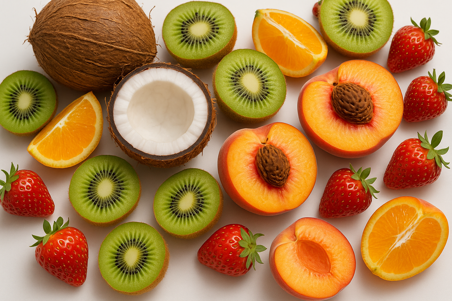 coconut, kiwi, orange, peach and strawberry