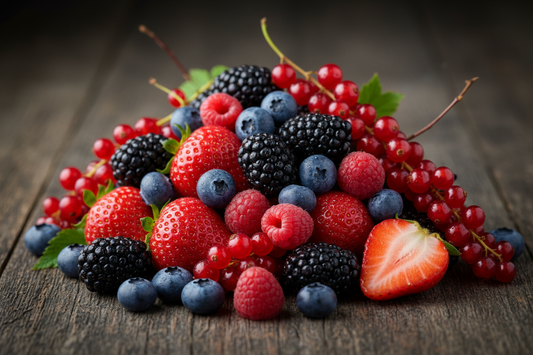 Forest Fruits. A delicious blend of classic foraged berries including, blackberries, Strawberries, Blueberries raspberries and red currants.