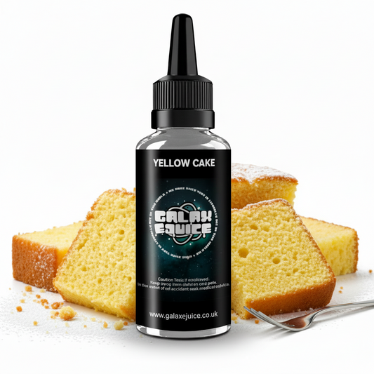 Bottle of Galax-E-Juice Yellow Cake E-Liquid 100ml Shortfill with soft buttery yellow cake slices on a white background