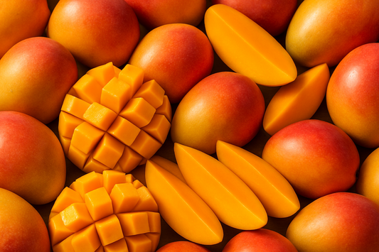 lots of mangos whole and sliced. 