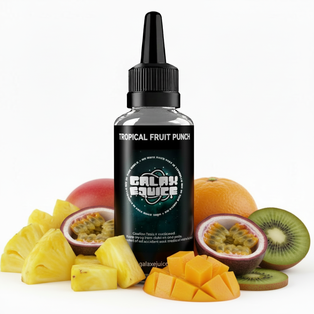 Bottle of Galax-E-Juice Tropical Fruit Punch E-Liquid 100ml Shortfill with tropical fruit punch cocktail on a white background