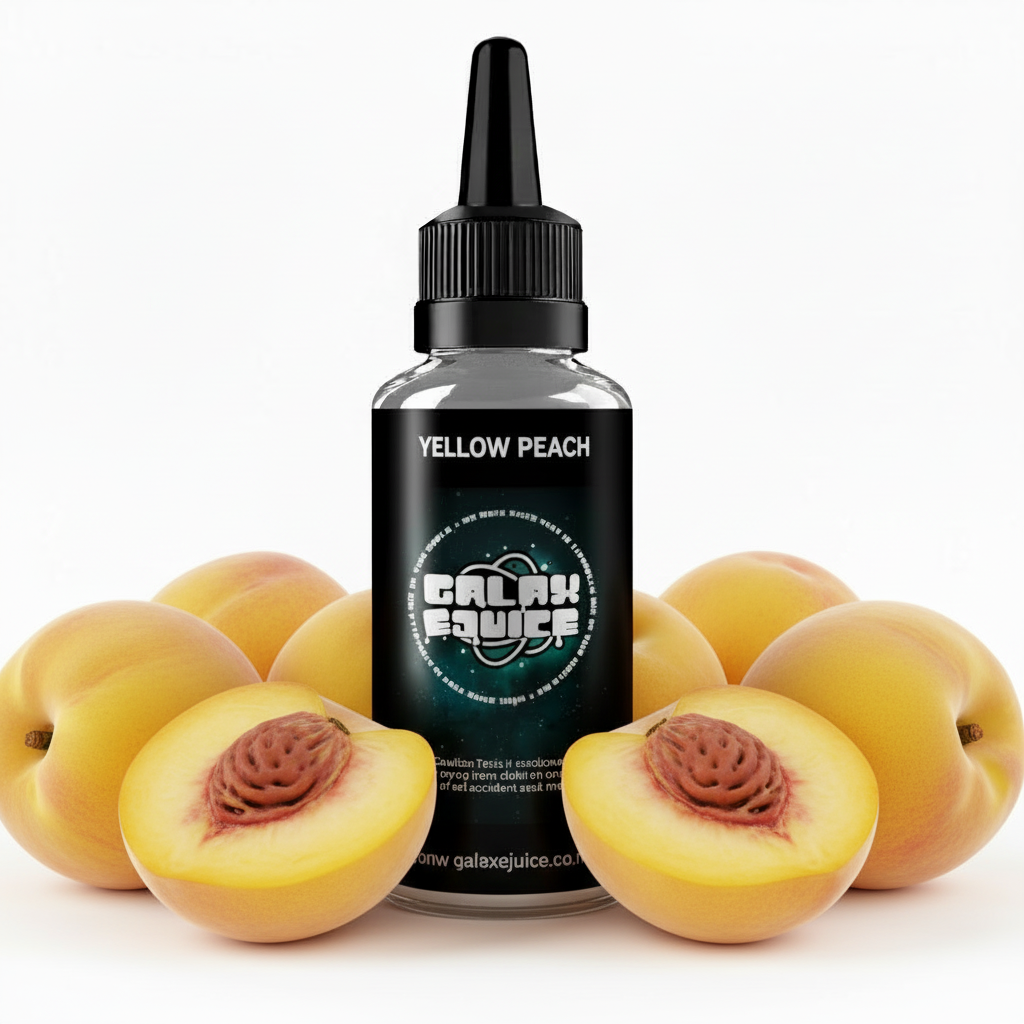 Bottle of Galax-E-Juice Yellow Peach E-Liquid 100ml Shortfill with ripe juicy yellow peaches on a white background