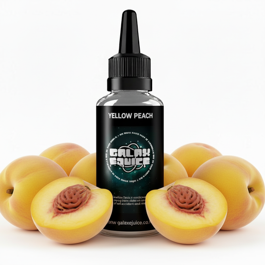 Bottle of Galax-E-Juice Yellow Peach E-Liquid 100ml Shortfill with ripe juicy yellow peaches on a white background